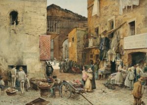 Ettore Roesler Franz, cartolina di via Rua nel Ghetto, demolita tra il 1886 e il 1889, dove abitavano i nonni di Emanuele Ascarelli