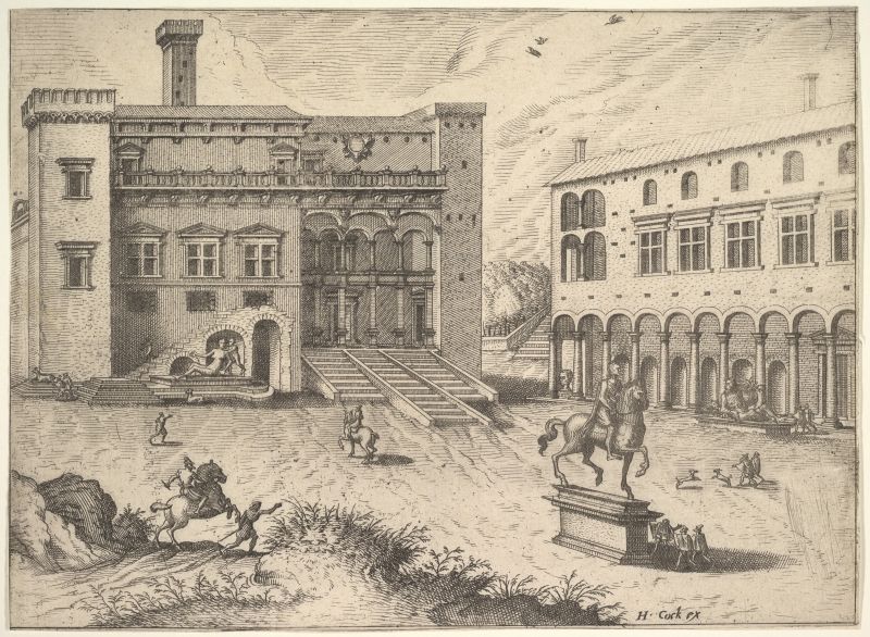 Veduta del Campidoglio, incisione, Johannes van Doetecum I, 1562 [Fonte: MetMuseum, PD]
