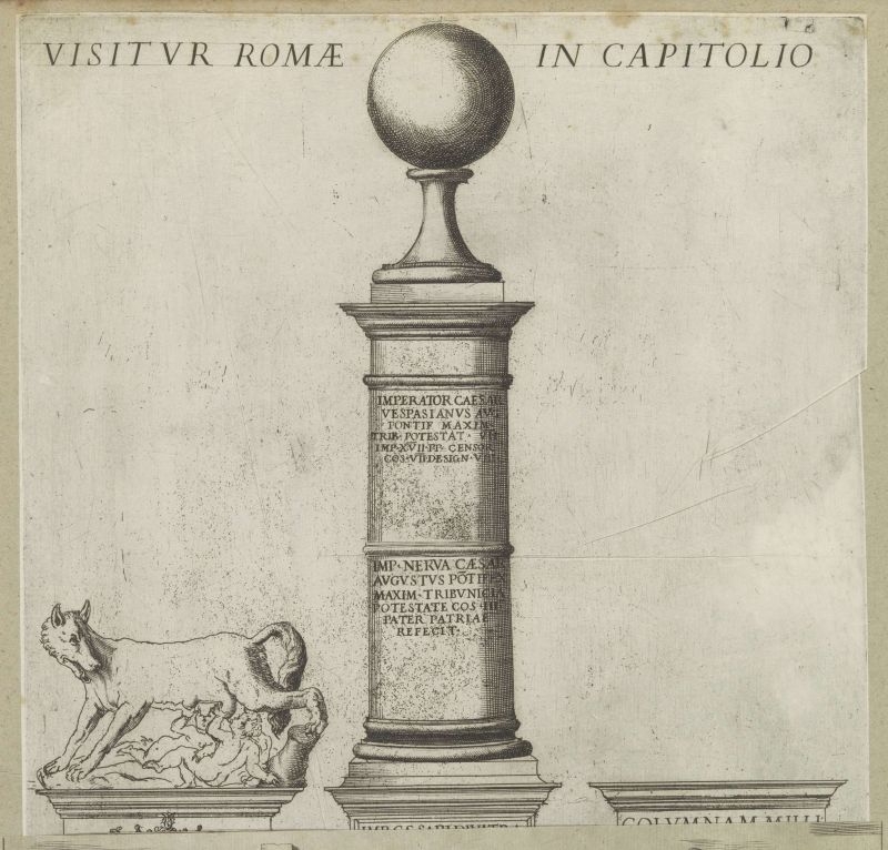 Milliarium Aureum e Lupa Capitolina, incisione, anonimo, 1595 - 1622 [Fonte: Europeana, Rijksmuseum, PD]