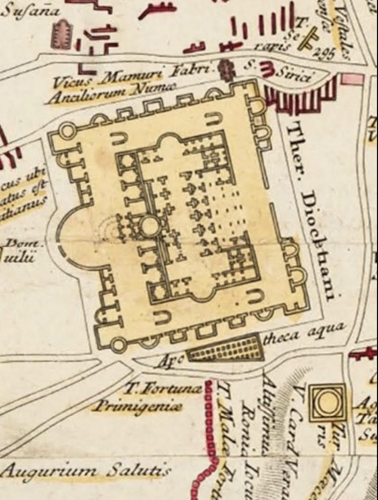 Dettaglio dell'area delle Terme di Diocleziano dalla mappa del Bufalini 'Urbis Romae Ichnographia' del 1551 incisa dal Noli nel 1755