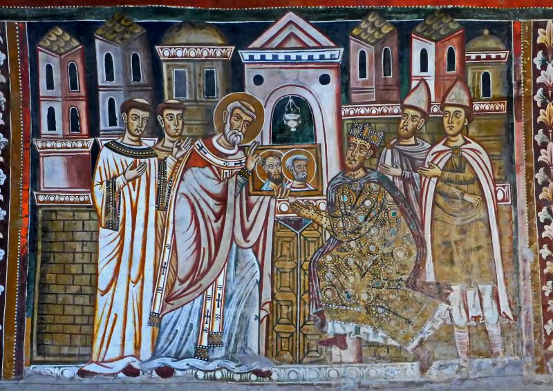 Cappella di San Silvestro, Silvestro dona a Costantino un ritratto dei santi Pietro e Paolo [Fonte: Wikimedia Commons, CC BY-SA 3.0]