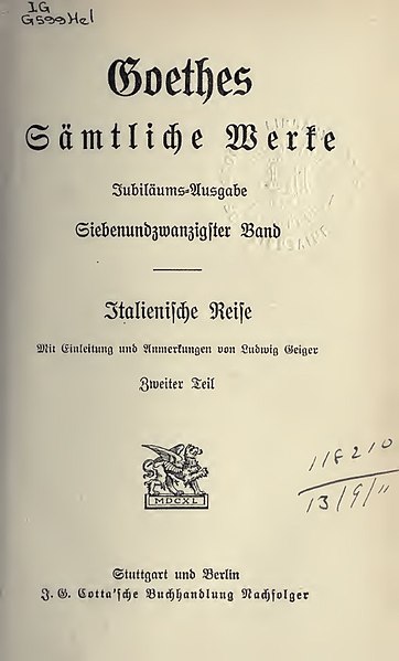 Frontespizio di una vecchia edizione tedesca di "Viaggio in Italia" di Goethe