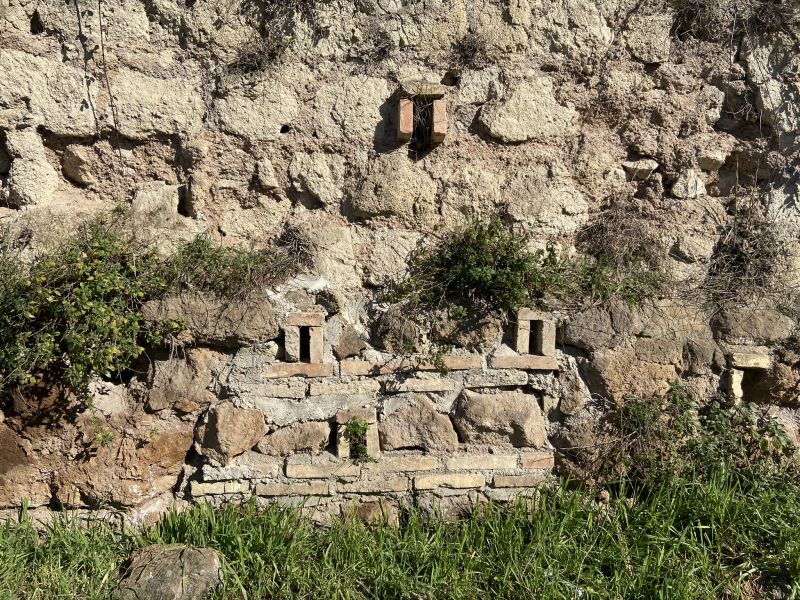 Resti di mattoni incuneati nel muro lungo il viale che costeggia il Borghetto dei Fornaciari [Foto: Associazione culturale GoTellGo, CC BY NC SA]