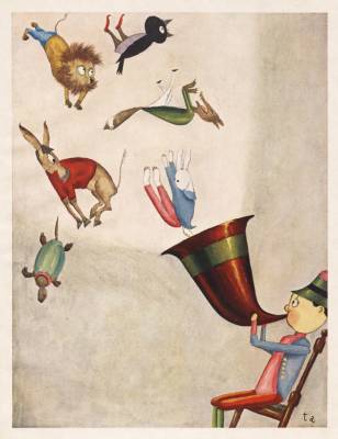 Illustrazione delle favole di Esopo fatta dall'artista giapponese Takeo Takei nel 1925. Dal "trombone" di Esopo escono i personaggi delle sue fiabe fra i quali una perplessa cornacchia grigia! [Fonte: Sul romanzo]