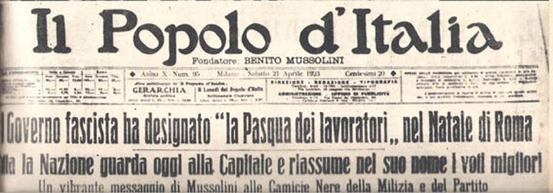 Prima pagina de "Il Popolo d'Italia", 21 aprile 1923