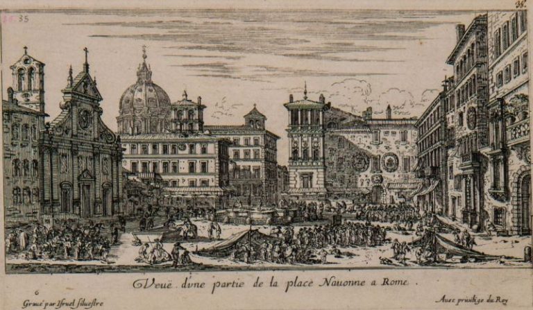 Stanford Libraries, The Rodolfo Lanciani Digital Archive, incisione di Israël Silvestre, 1640 circa, il palazzo cardinalizio dei Pamphilj è l’ultimo in fondo sul lato destro. [Fonte: https://exhibits.stanford.edu/lanciani/catalog/px399kb4843]
