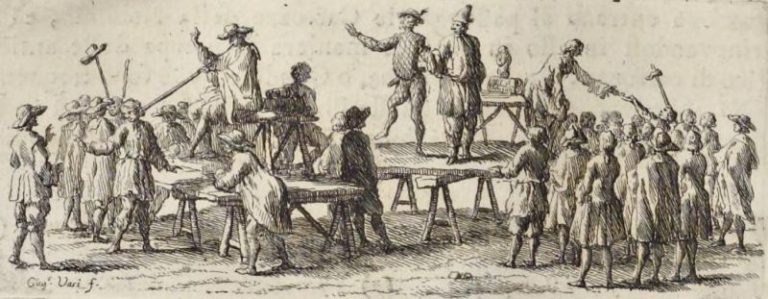 Giuseppe Vasi, Ciarlatani  e saltimbanchi in Piazza Navona, 1752 [Fonte: Internet Archive, https://archive.org/details/gri_33125009354925/page/n159/mode/2up/search/piazza+navona]