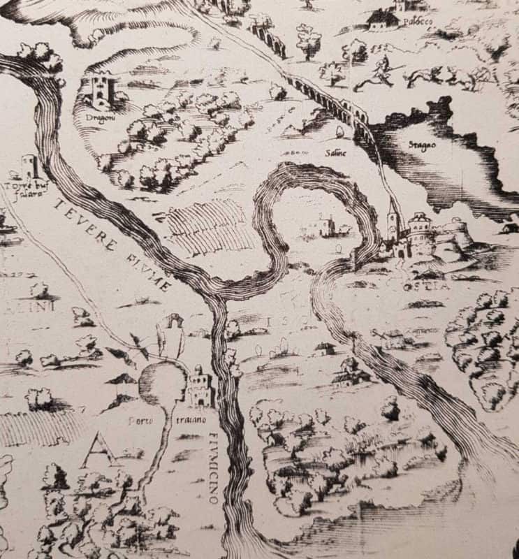Il borgo di Gregoriopoli prima dell'alluvione che causò lo spostamento dell'alveo del Tevere in un'antica mappa