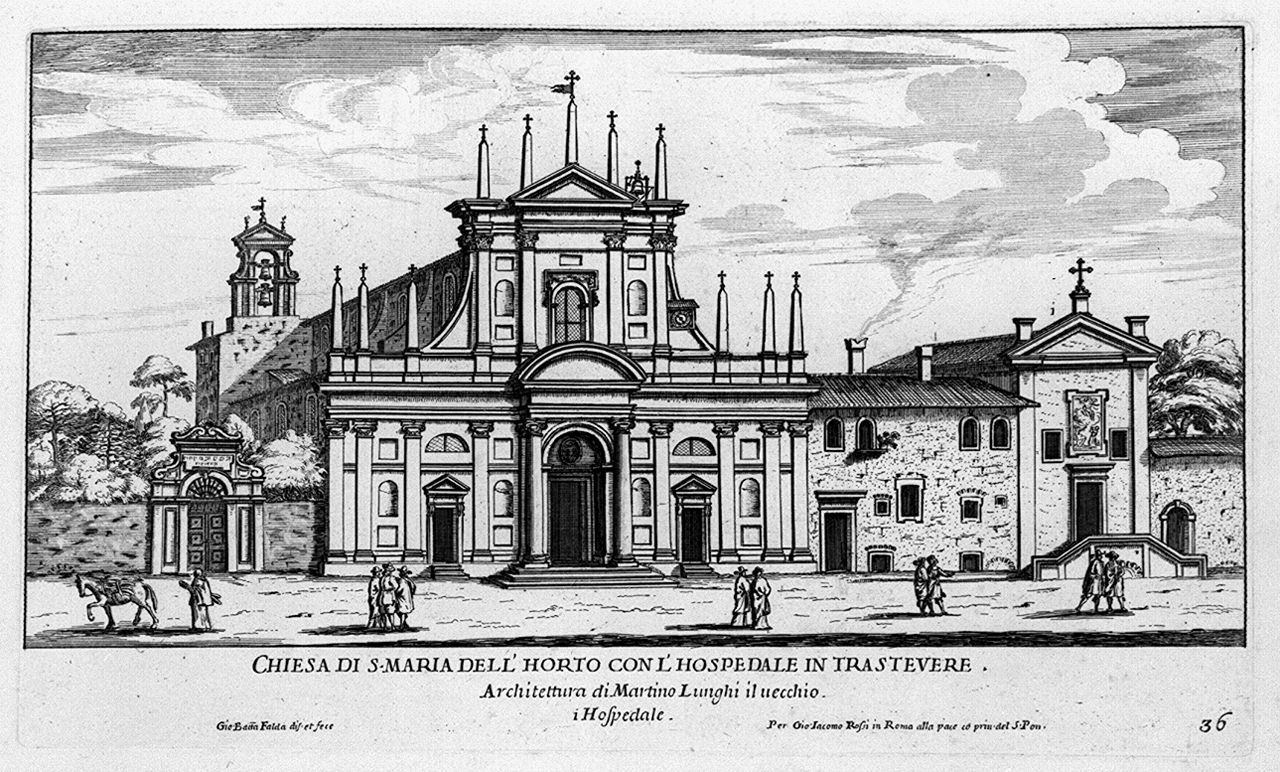 La Chiesa di Santa Maria dell'Orto con annesso ospedale in una stampa di Giovan Battista Falda, 1643-1678 [Foto: ICCD, No-OKLR]