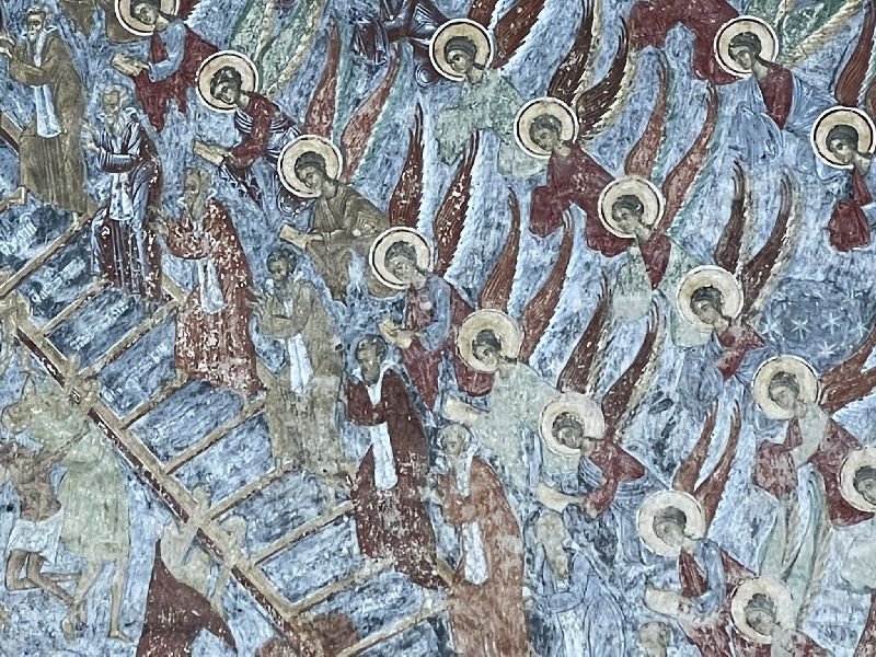 Chiesa del Monastero di Sucevita, dettaglio dell'affresco con la Scala delle Virtù [Foto: Maria Teresa Natale, CC BY NC SA]