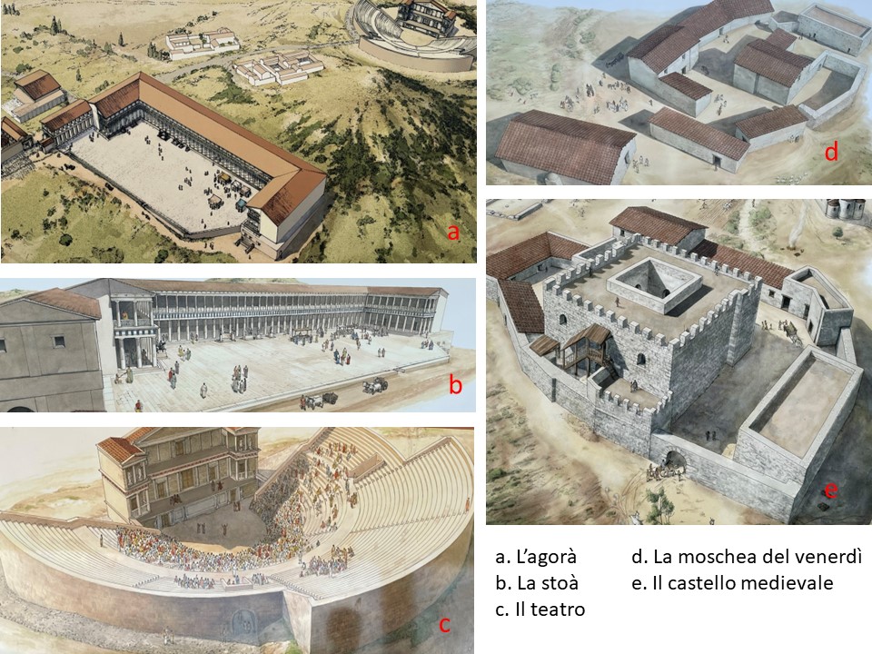 Ricostruzione degli edifici di epoca greca e medievale tratti dai pannelli didattici posizionati nei pressi delle diverse aree monumentali