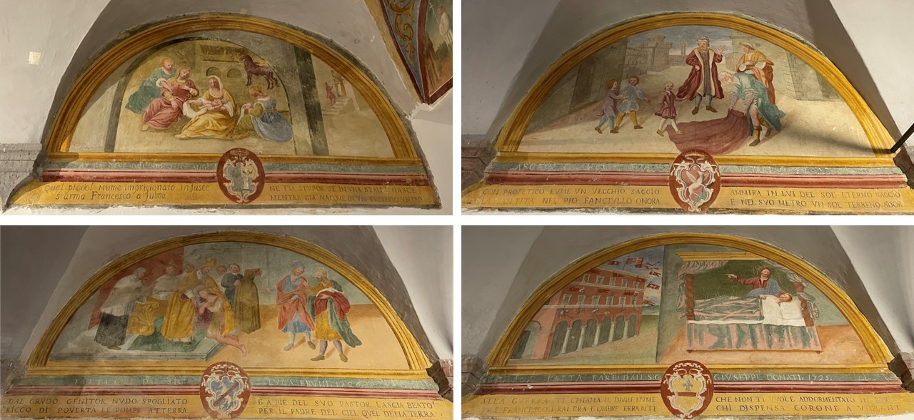 Chiostro interno dell'ex Convento di San Francesco con le lunette che raccontano le storie del santo [Foto: Maria Teresa Natale, CC BY NC SA]