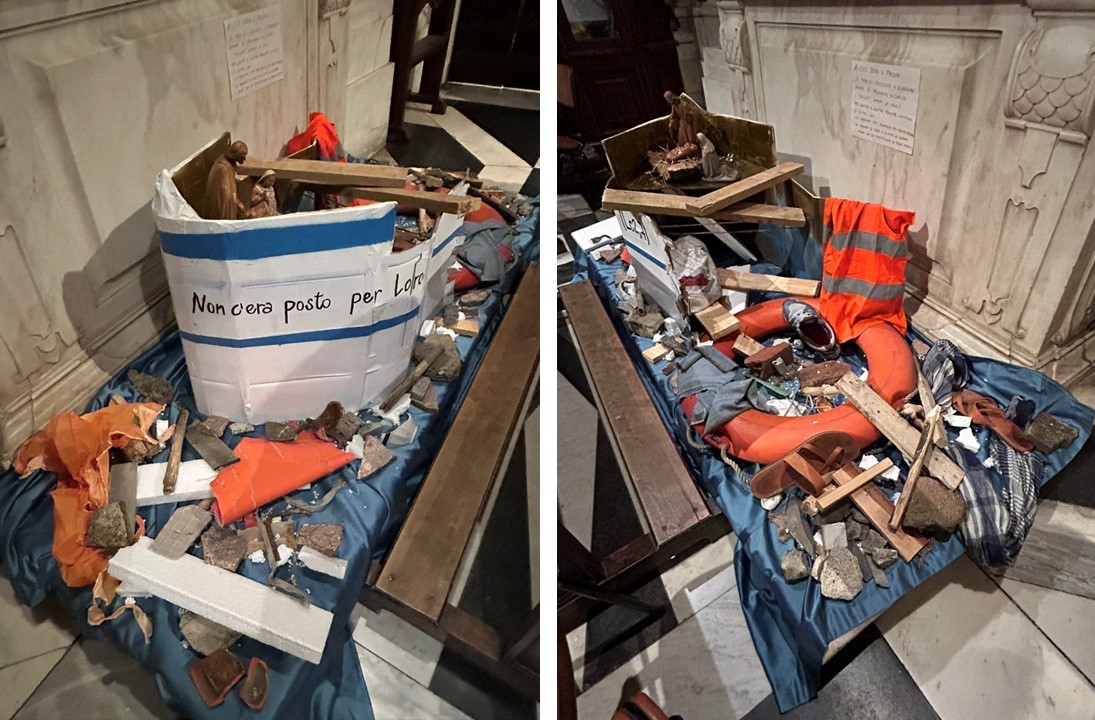 Genova, Chiesa di San Pietro in Banchi, Installazione presepiale Non c'era posto per loro [Foto: Maria Teresa Natale, CC BY NC SA]