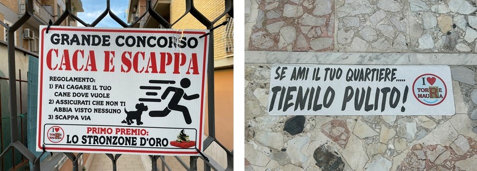 Cartelli d'invito alla pulizia del quartiere [Foto: Maria Teresa Natale, CC BY NC SA]