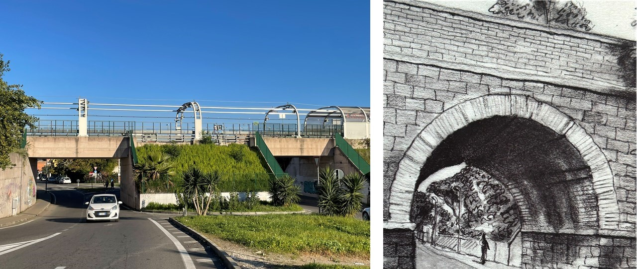Via di Torrenova: ponte ferroviario per il passaggio della Metro C [Foto: Maria Teresa Natale, CC BY NC SA] e illustrazione del vecchio ponticello [Fonte: Copertina del volume "Torre Angela", CivilMente, 2012.