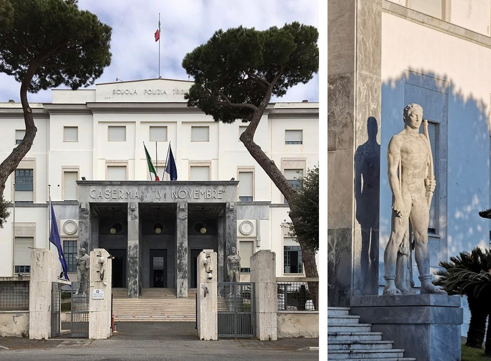 Ostia: ex Collegio navale IV novembre [Foto: Maria Teresa Natale, CC BY NC SA; dettaglio della statua: cortesia Cristina Ruzza]