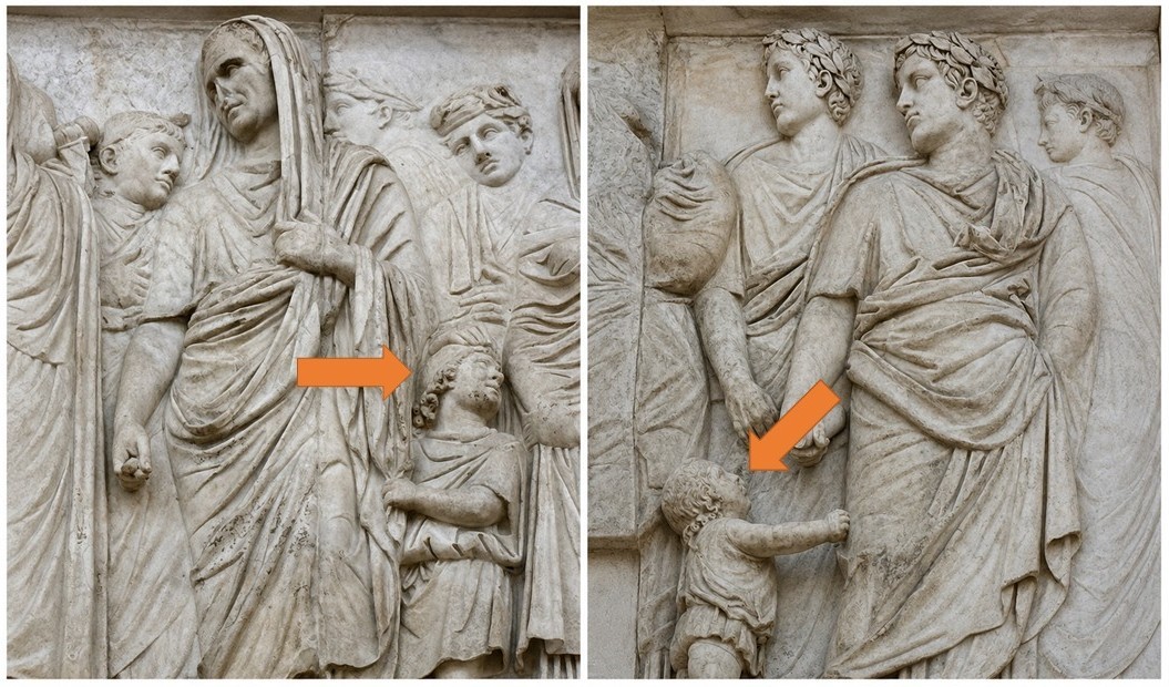 Gaio e Lucio Cesari nell'Ara Pacis. Nel fregio processionale del lato sud il piccolo Gaio Cesare è raffigurato accanto al padre Marco Vipsanio Agrippa, alle cui vesti si tiene; sul lato nord viene riconosciuto il fratello minore Lucio Cesare, condotto per mano. Adottati da Augusto nel 17 a.C., i due nipoti entravano così anche nelle immagini monumentali della famiglia del princeps  [Foto: Maria Teresa Natale, CC BY-NC-SA]