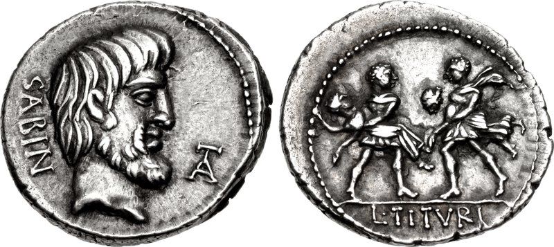 Denario d’argento di Lucio Titurio Sabino, 89 a.C. Al dritto, testa barbata del re sabino Tito Tazio; al rovescio, due guerrieri romani portano via altrettante donne sabine. Zecca di Roma, 19 mm, 3,81 g; RRC 344/1a. Classical Numismatic Group, immagine via Wikimedia Commons, CC BY-SA 2.5.