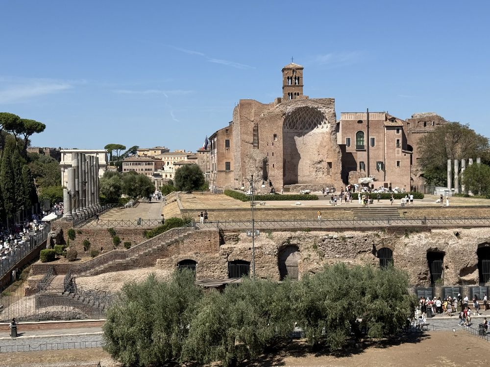 Tempio di Venere e Roma, veduta dal Colosseo. Sulla vasta piattaforma del tempio si riconoscono le colonne superstiti e la grande cella orientale, rivolta verso l’anfiteatro; alle sue spalle sorge la chiesa di Santa Francesca Romana [Foto: Maria Teresa Natale, CC BY-NC-SA]