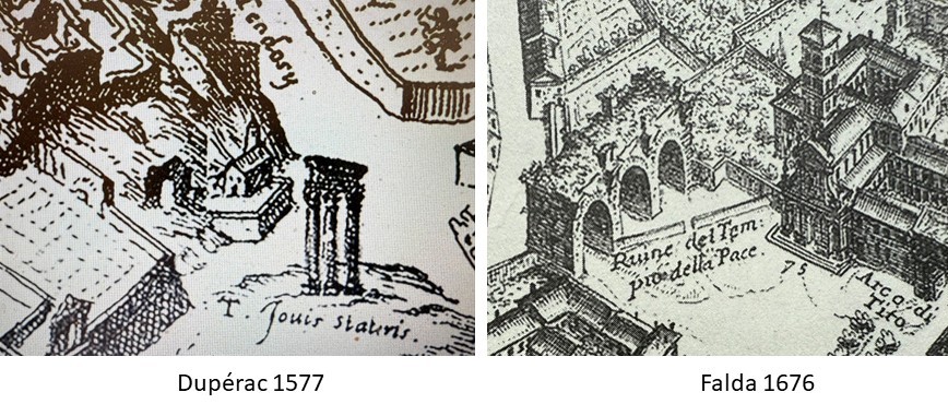 Rovine riconoscibili, nomi diversi. A sinistra, Dupérac (1577) indica le tre colonne del Tempio dei Dioscuri come «T. Iouis Statoris», Tempio di Giove Statore; a destra, Falda (1676) identifica la Basilica di Massenzio come Tempio della Pace. Le denominazioni testimoniano le interpretazioni dei monumenti precedenti alle identificazioni archeologiche moderne.