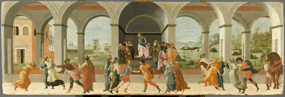 Parigi, Musée du Louvre. Filippino Lippi, Storie di Verginia, ultimo quarto del XV secolo. La tavola riunisce diversi momenti del racconto: l’arresto della giovane, il processo presieduto da Appio Claudio e l’uccisione di Verginia da parte del padre. Al centro Appio pronuncia la sentenza che la consegna a Marco Claudio come schiava. Inv. MI 501 [Foto: Wikimedia Commons, pubblico dominio]. - https://collections.louvre.fr/ark:/53355/cl010064797 - https://collections.louvre.fr/CGU