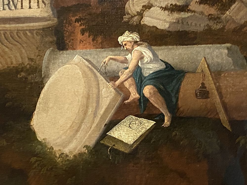 Herman Posthumus, Paesaggio con rovine romane (Tempus edax rerum), 1536, olio su tela, dettaglio. Vaduz–Vienna, The Princely Collections