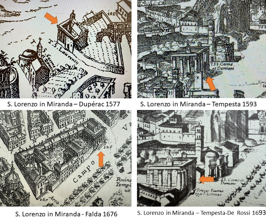 San Lorenzo in Miranda, nel Tempio di Antonino e Faustina (freccia arancione), nelle rappresentazioni di Étienne Dupérac (1577), Antonio Tempesta (1593), Giovanni Battista Falda (1676) e nella riedizione Tempesta–De Rossi (1693). Il portico antico permette di riconoscere il monumento attraverso le diverse raffigurazioni della chiesa e delle costruzioni circostanti, mostrando il suo inserimento nel tessuto urbano del Campo Vaccino