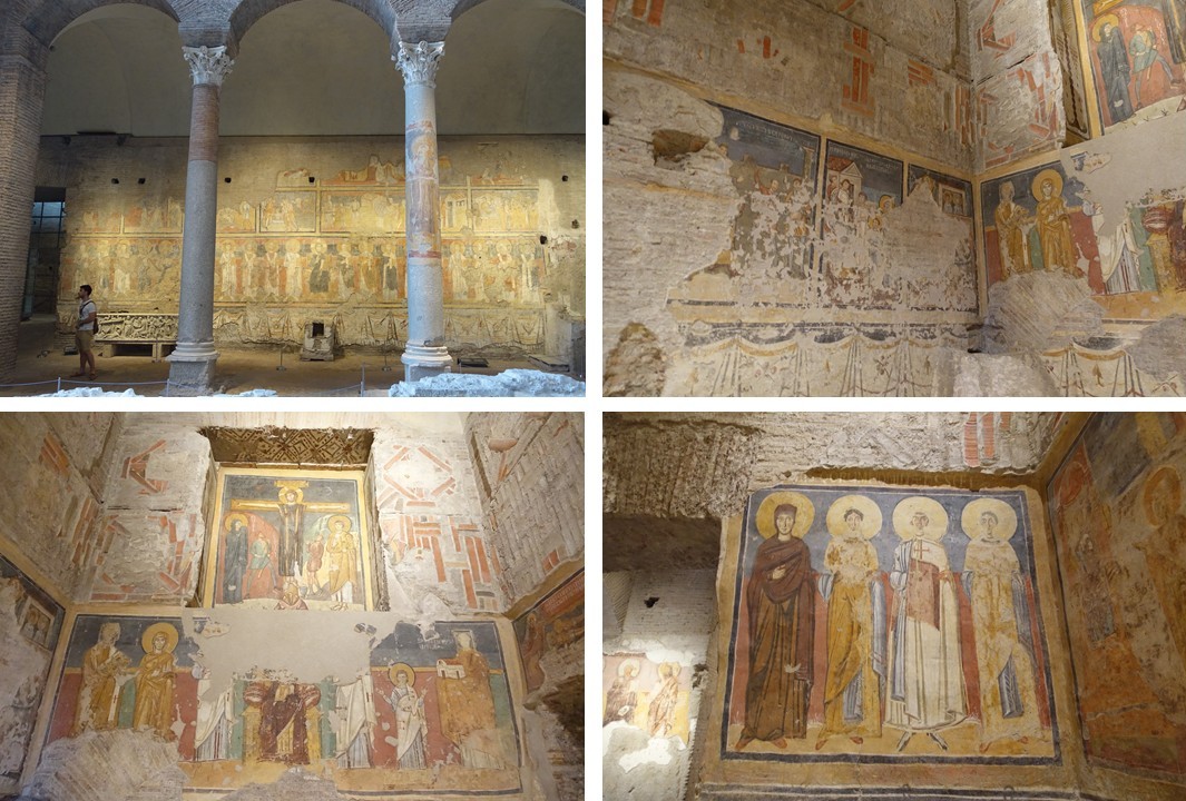 Santa Maria Antiqua, alle pendici del Palatino. Veduta della navata laterale e dettagli delle pitture, fra cui la Crocifissione nella cappella di Teodoto. Le decorazioni conservano una preziosa testimonianza della vita religiosa e artistica del Foro altomedievale [Foto: Maria Teresa Natale, CC BY-NC-SA]