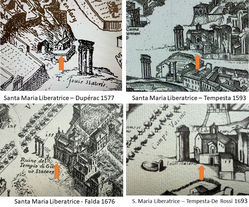 Santa Maria Liberatrice (freccia arancione) nelle rappresentazioni di Étienne Dupérac (1577), Antonio Tempesta (1593), Giovanni Battista Falda (1676) e nella riedizione Tempesta–De Rossi (1693). Le tre colonne del Tempio dei Dioscuri aiutano a localizzare la chiesa, demolita nel 1899–1900. Falda ne raffigura l’aspetto seicentesco, mentre la riedizione di Tempesta conserva una rappresentazione simile a quella cinquecentesca