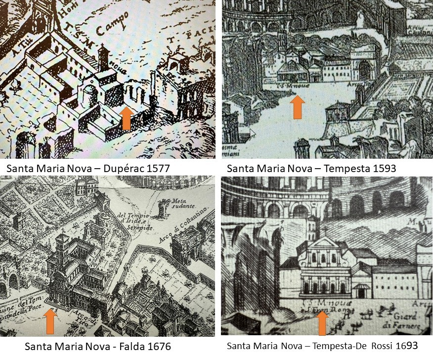 Santa Maria Nova, oggi Santa Francesca Romana (freccia arancione), nelle rappresentazioni di Étienne Dupérac (1577), Antonio Tempesta (1593), Giovanni Battista Falda (1676) e nella riedizione Tempesta–De Rossi (1693). Le immagini mostrano la chiesa e gli edifici conventuali accanto all’Arco di Tito. Al prospetto cinquecentesco subentrò la facciata realizzata da Carlo Lambardi fra il 1612 e il 1615, raffigurata nella riedizione del 1693