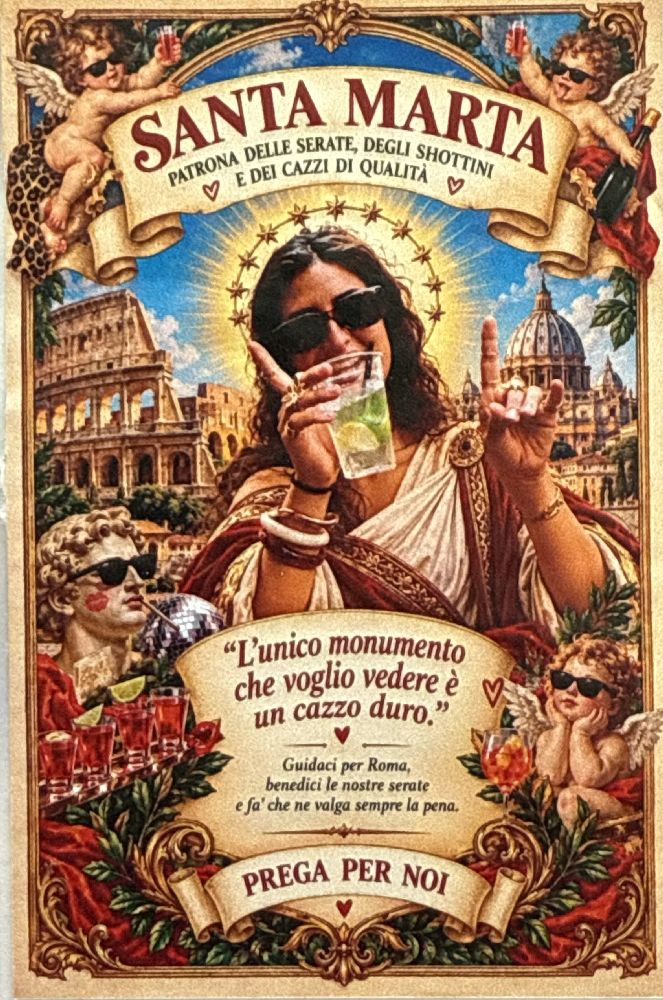 Sticker di Santa Marta con putti festanti, cocktail e monumenti romani [Foto: Maria Teresa Natale, CC BY-NC-SA]