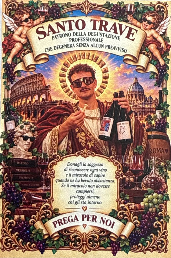 Sticker di Santo Trave con bottiglie di vino, grappoli d'uva e calici [Foto: Maria Teresa Natale, CC BY-NC-SA]