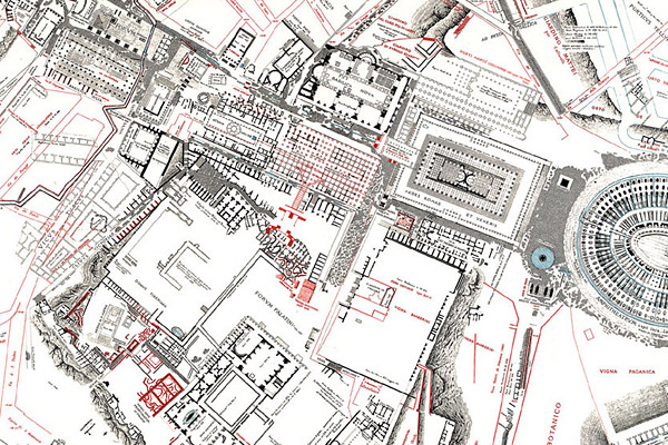 Il Foro Romano nella Forma Urbis Romae di Rodolfo Lanciani, particolare della tavola XXIX. L’opera, pubblicata fra il 1893 e il 1901, sovrappone le strutture della Roma antica al tessuto della città moderna, delineato in rosso: una lettura della città attraverso le sue trasformazioni. Riproduzione: Encyclopaedia Romana, Università di Chicago